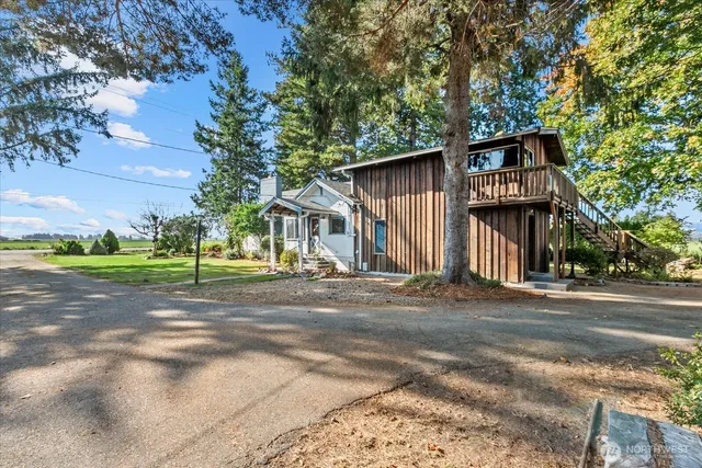 a view of a park with large trees
