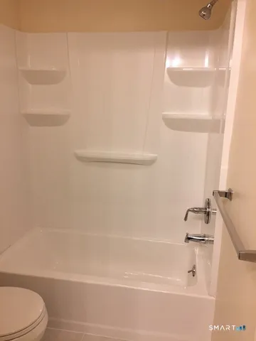 a bathroom with a shower and a toilet