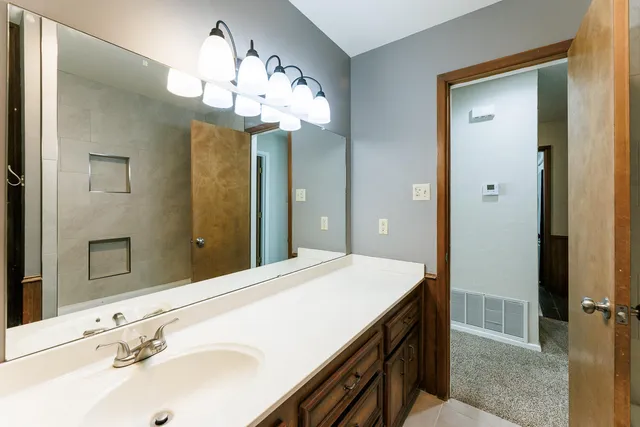 a bathroom with a sink a vanity and a mirror