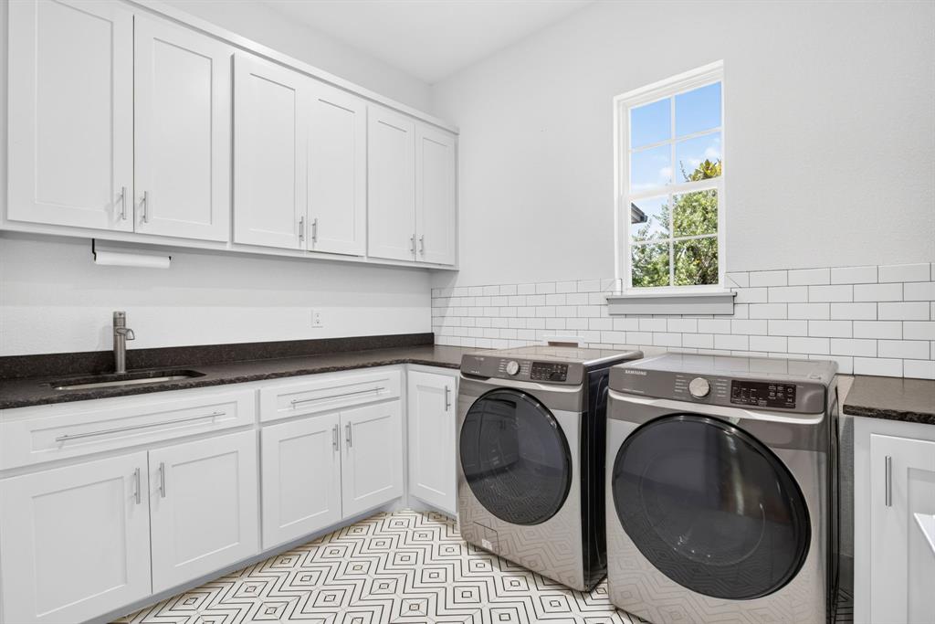 3008 Perkins Weatherford, TX 76088 - Photo 28 of 36 Utility room featuring white shaker cabinetry, dark countertops, a stainless steel sink, and white subway tile backsplash