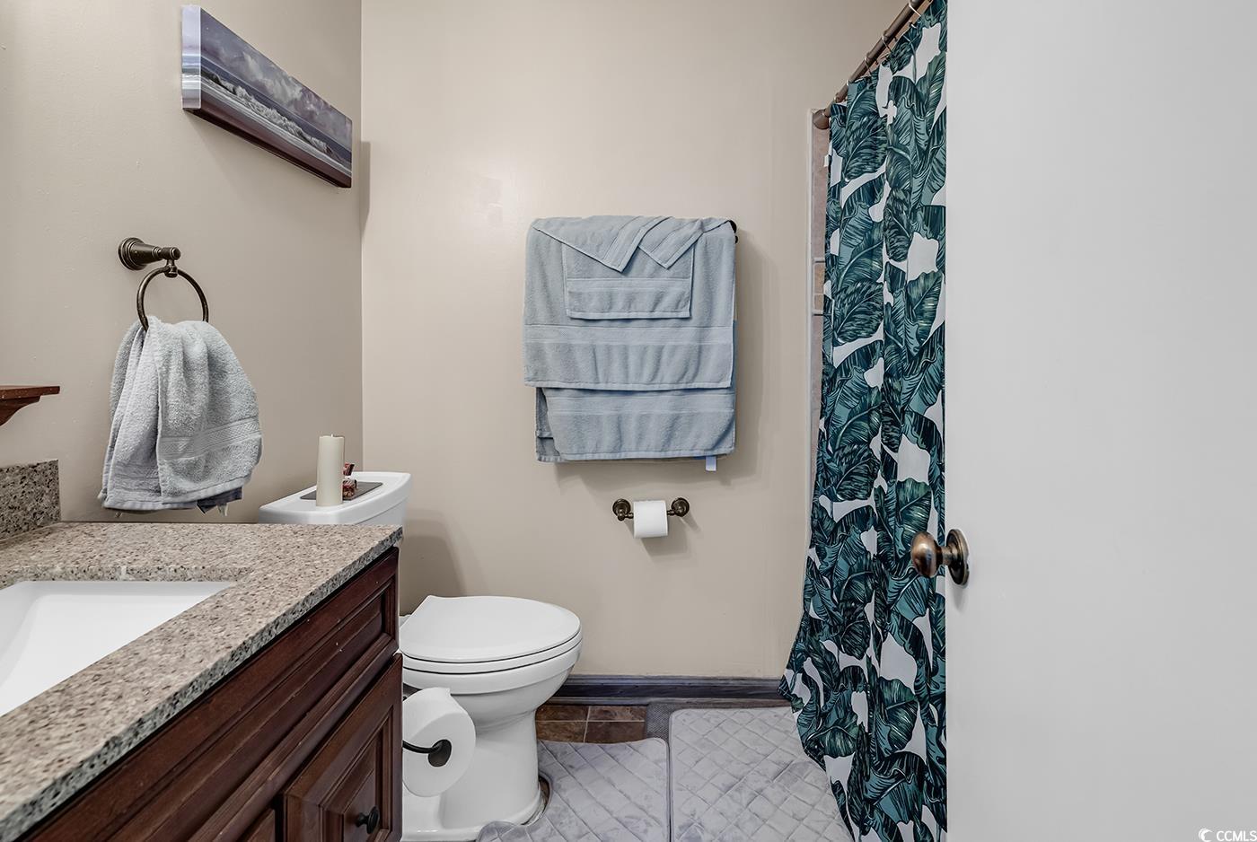 6628 Mallard View Point Myrtle Beach, SC 29588 - Photo 4 of 34 Full bathroom featuring vanity, curtained shower, toilet, baseboards, and tile patterned floors