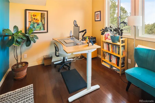 a view of a hallway to a livingroom with furniture wooden floor and windows