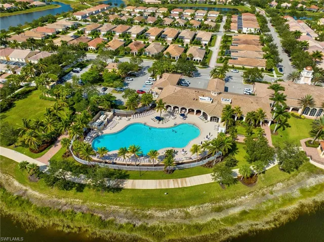 a view of a swimming pool with a garden