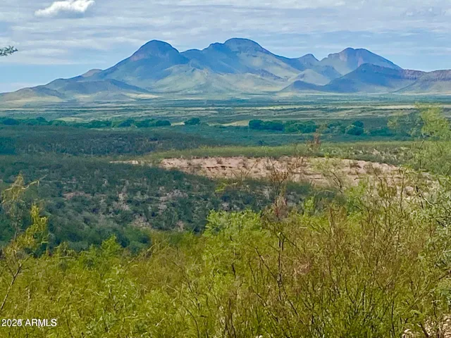 a view of a town with mountains in the background