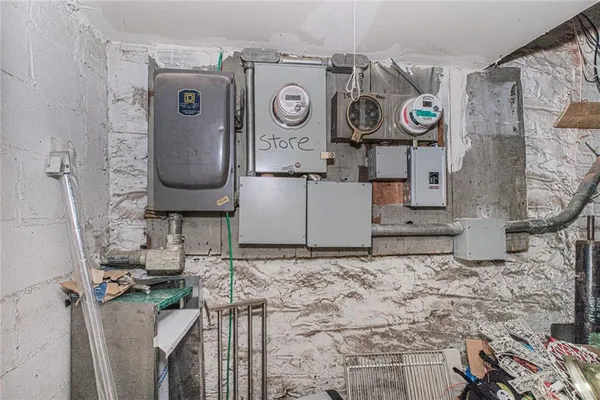 a storage room with cabinets