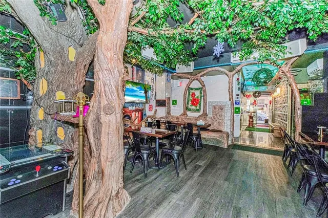 an outdoor space with seating