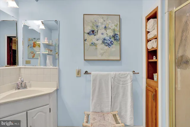 a bathroom with a sink and a mirror