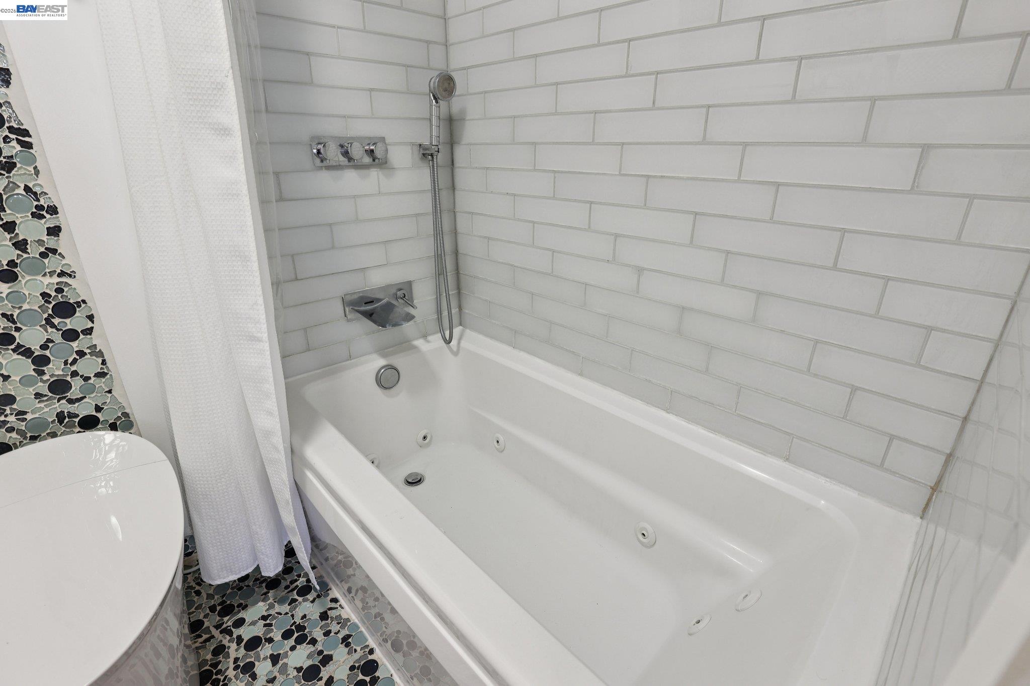 a bathroom with a bathtub and a shower