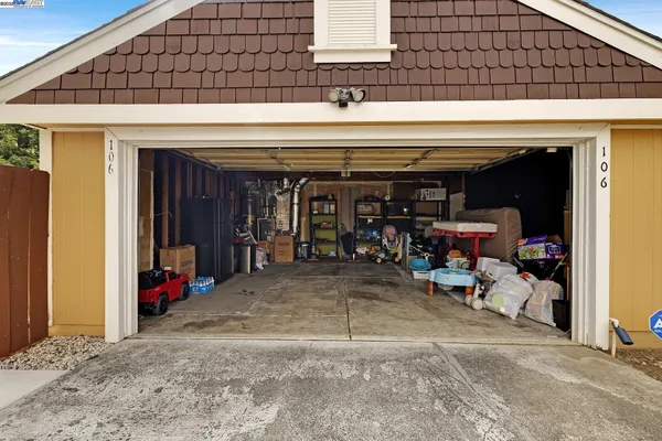 a view of a garage with storage
