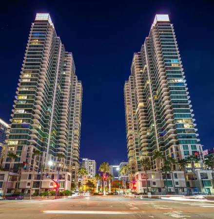a view of a city with tall buildings