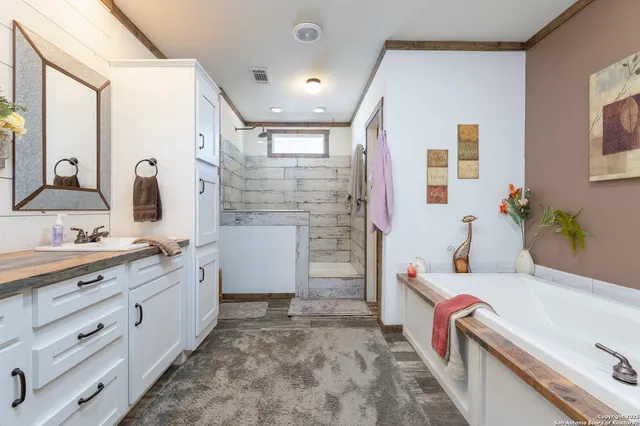 a bathroom with double vanity sink a mirror and a shower