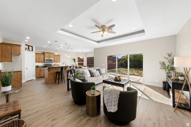 1570 South Rio Virgin Drive Washington, UT 84780 - Photo 10 of 71 Living room featuring recessed lighting, light wood-type flooring, and ceiling fan