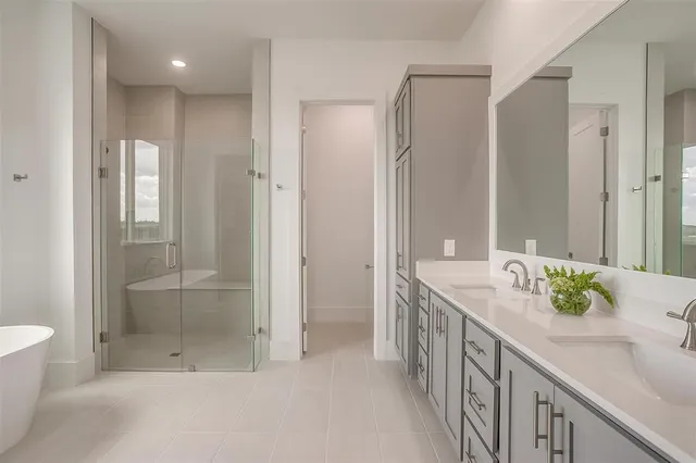 a bathroom with a double vanity sink mirror and shower