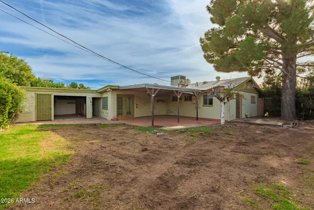 a view of a yard in front of a house with a large tree