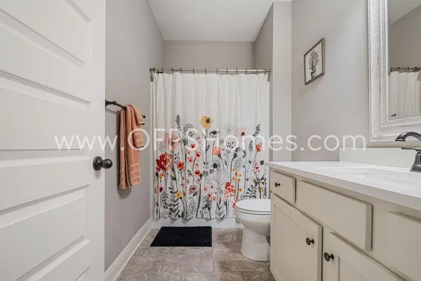 a bathroom with a sink a toilet and shower curtain