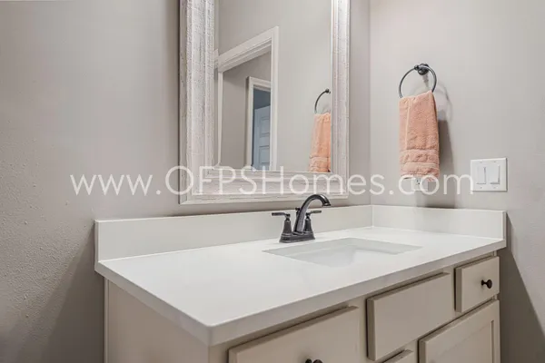 a bathroom with a sink and a mirror