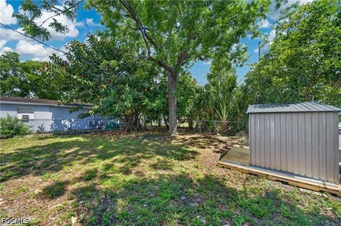 a view of a backyard with tree s