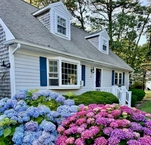 a front view of a house with a yard and flowers