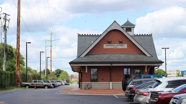 a view of a park with large trees