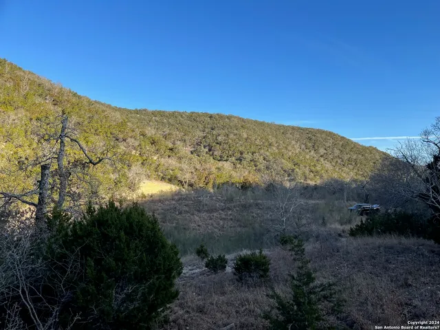a view of a dry yard with mountains in the background