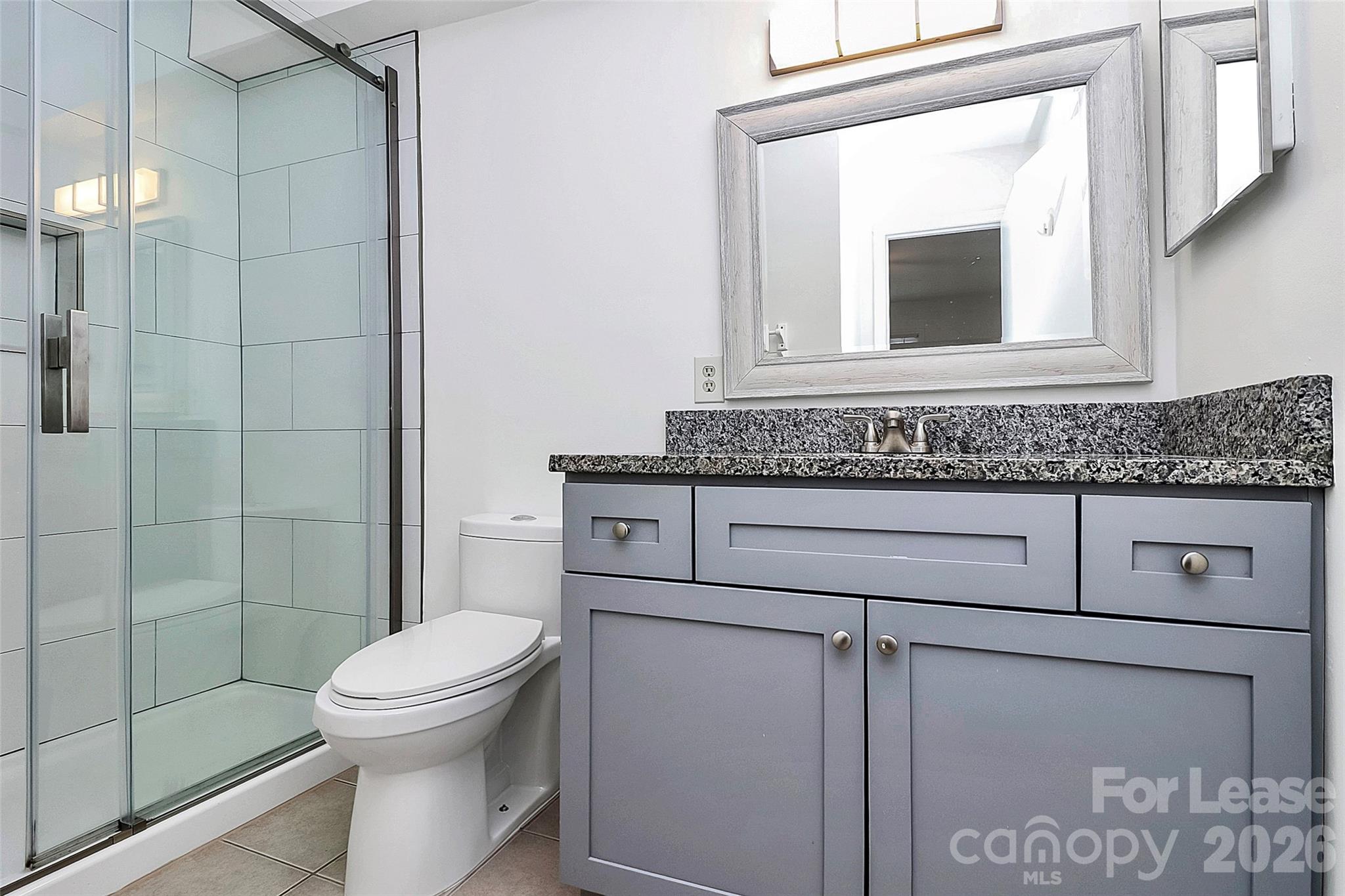 430 Queens Road, Unit 711 Charlotte, NC 28204 - Photo 14 of 20 a bathroom with a granite countertop toilet sink and mirror