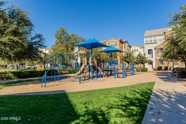 a view of a park with swings