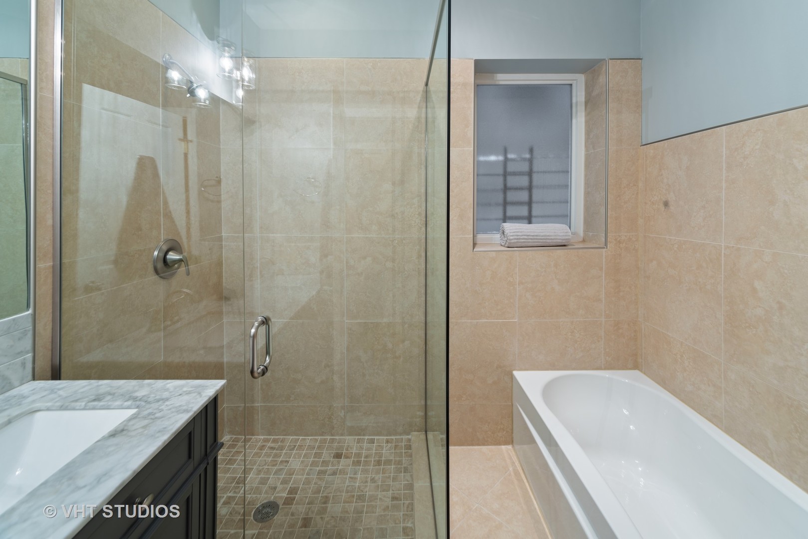 1733 South Ruble Street, Unit 1 Chicago, IL 60616 - Photo 14 of 19 a bathroom with a granite countertop sink a toilet and shower