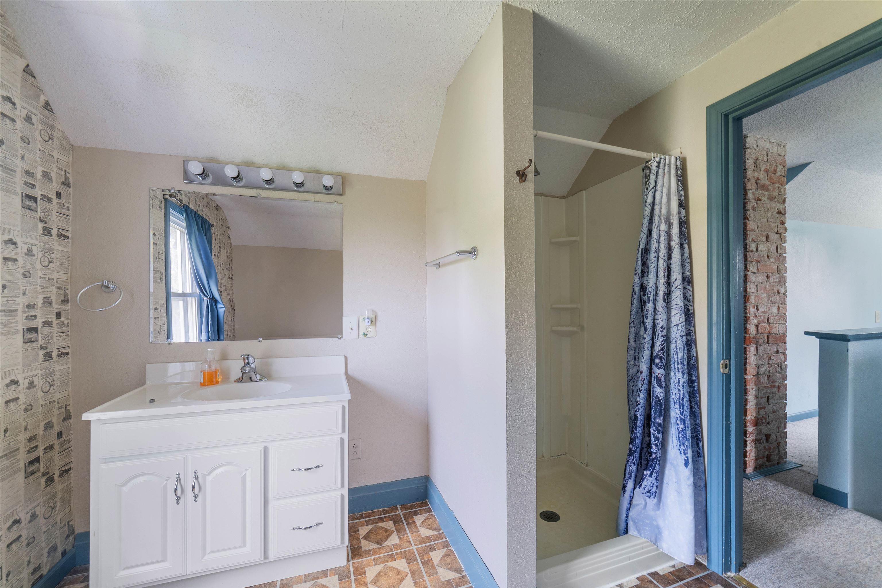9372 McCamus Road Brookston, MN 55711 - Photo 33 of 49 Bathroom featuring a textured ceiling, vanity, and curtained shower
