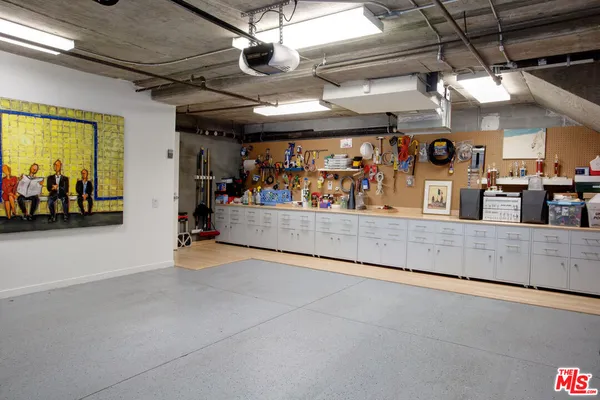 a view of a garage with the a large window