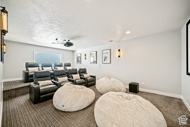 6026 Zen Trail Way St. George, UT 84790 - Photo 21 of 41 Home theater room featuring carpet flooring, a textured ceiling, and recessed lighting