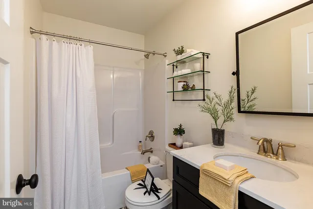 a bathroom with a sink a toilet and shower curtain