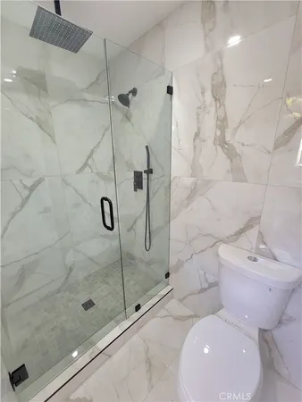 a bathroom with a shower and toilet