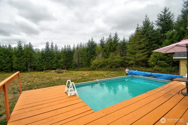 a view of a swimming pool with a yard