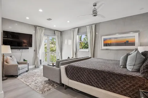 a bedroom with a bed and glass door