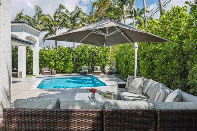 a building outdoor space with patio furniture