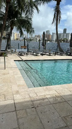 a view of swimming pool with a yard and palm trees