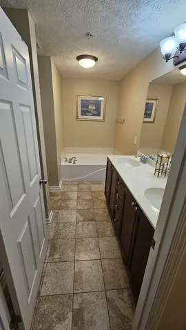 a bathroom with a tub sink and mirror