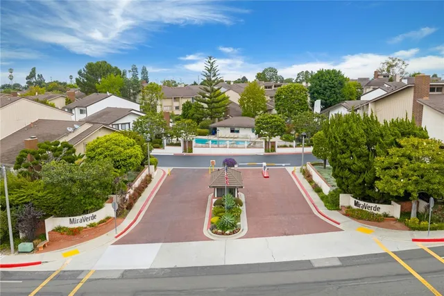 an aerial view of a pool