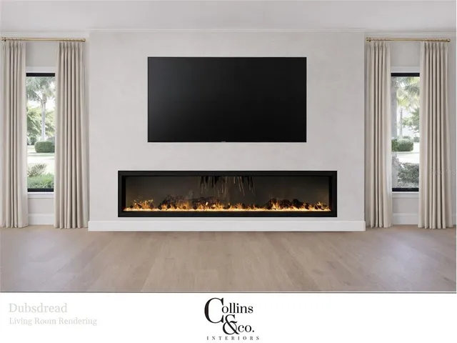 a living room with a fireplace and a flat screen tv