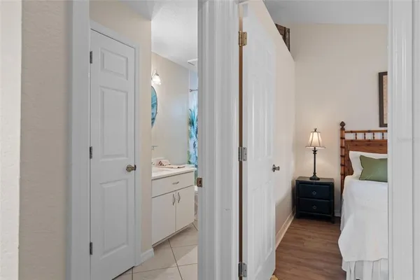 a view of a bathroom from the hallway