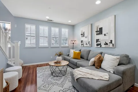 a living room with furniture and a potted plant