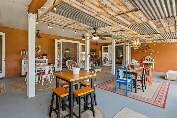 a view of a garage with a bike and car