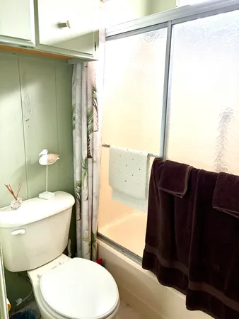 a bathroom with a toilet and a shower