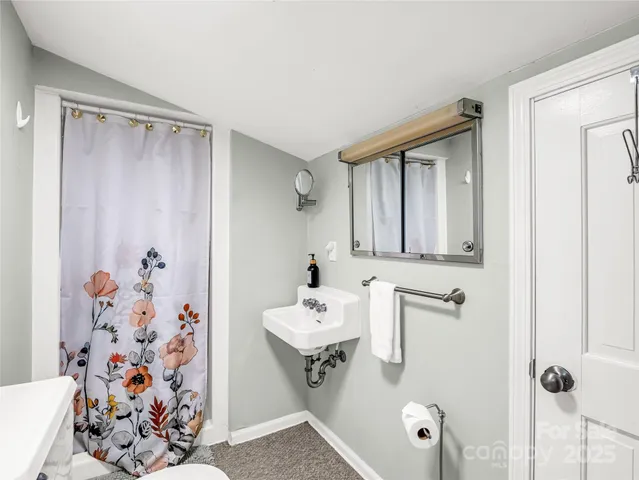 a bathroom with a shower and a sink