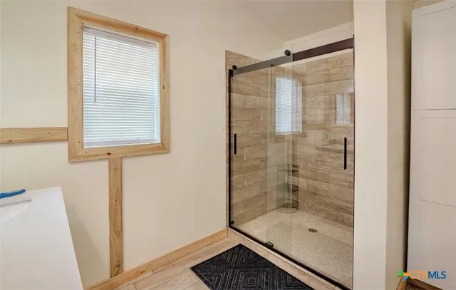 a bathroom with a shower and a sink