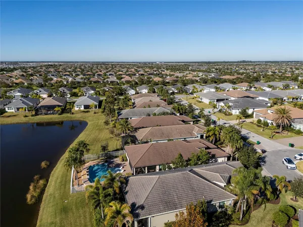 an aerial view of residential houses with outdoor space and swimming pool