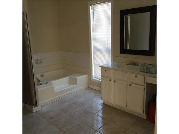 a bathroom with a bathtub sink and mirror