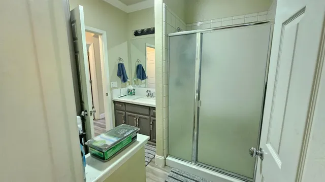 a bathroom with a shower and a sink