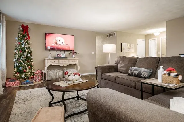 a living room with furniture flower pot and a window