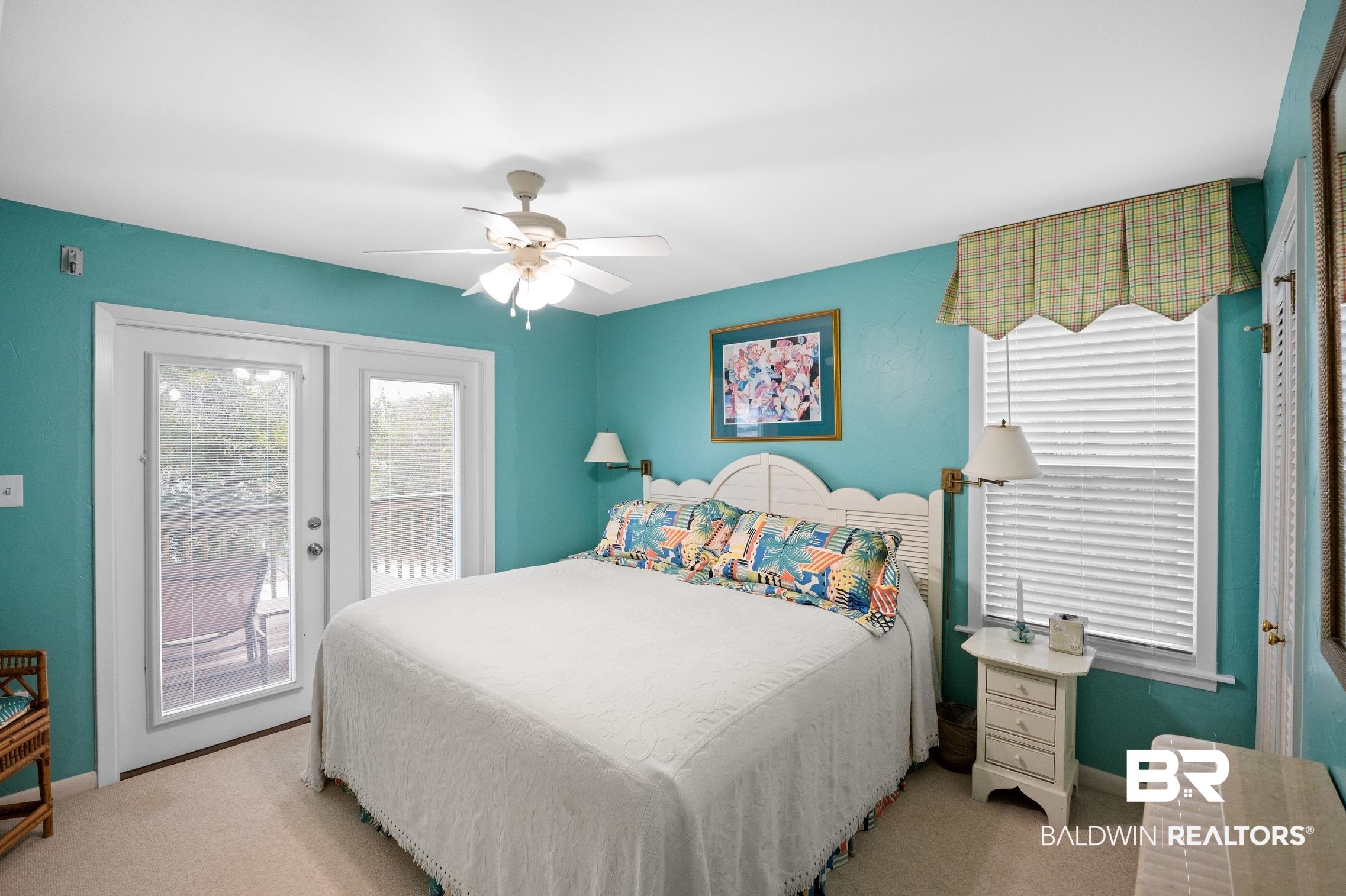 30388 River Road Orange Beach, AL 36561 - Photo 36 of 72 Bedroom with baseboards, ceiling fan, light colored carpet, and access to exterior
